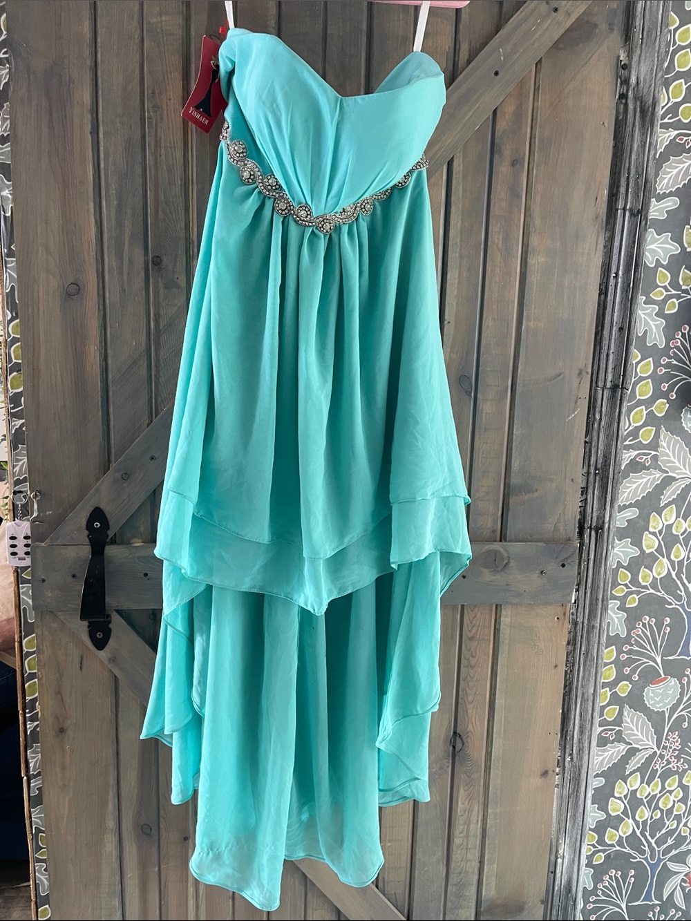 Strapless High-Low Chiffon Dress with Embellished Waist in Aqua